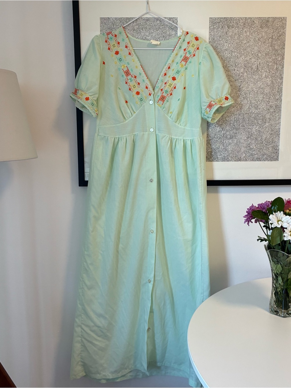 Embroidered Mint Green Button-Front Women's nightgown